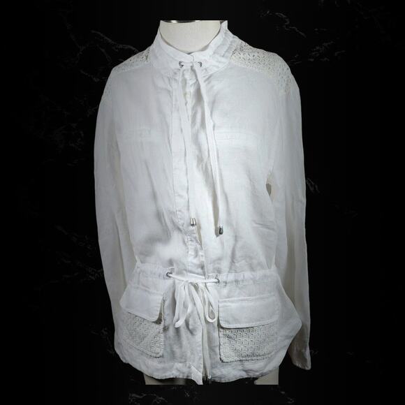 Saint Tropez West White Eyelet Linen Button Cinch Waist Utility Jacket Sz Medium - Picture 2 of 16